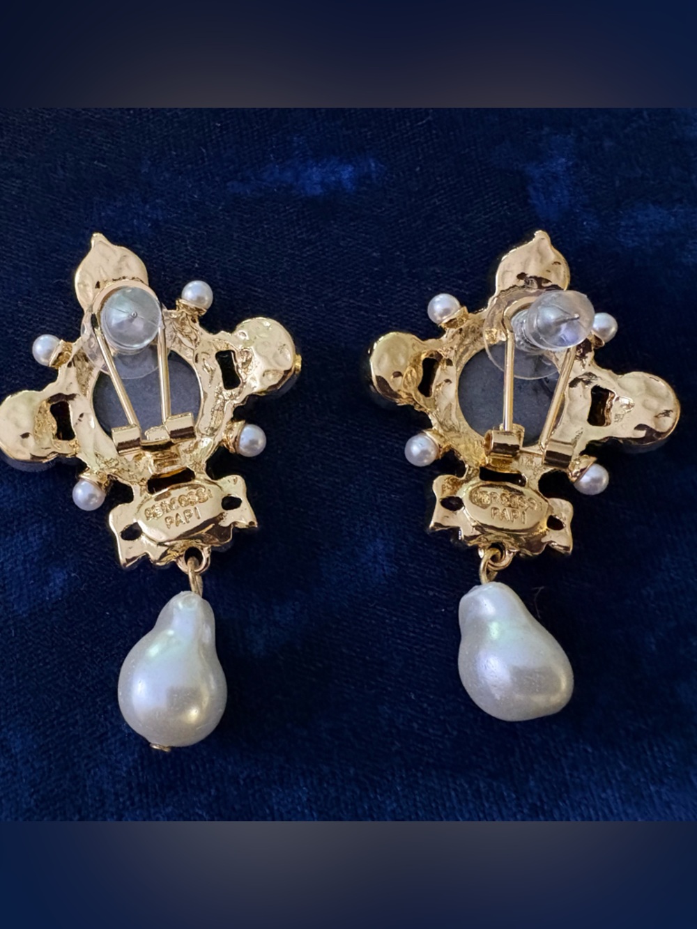 Vintage-Inspired, Large Statement Cameo Pierced Drop Earrings with Pearl - Picture 5 of 5